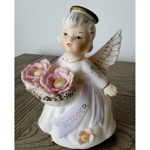 Vintag 50s Lefton Porcelain October ANGEL with Pink FLOWER 4 "h Figurine 3332